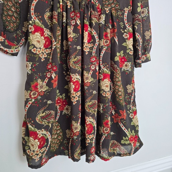 H&M Womens Babydoll Tunic Dress SIZE 4 Boho Peacock Bird Floral Lined 3/4 Sleeve - Picture 4 of 13